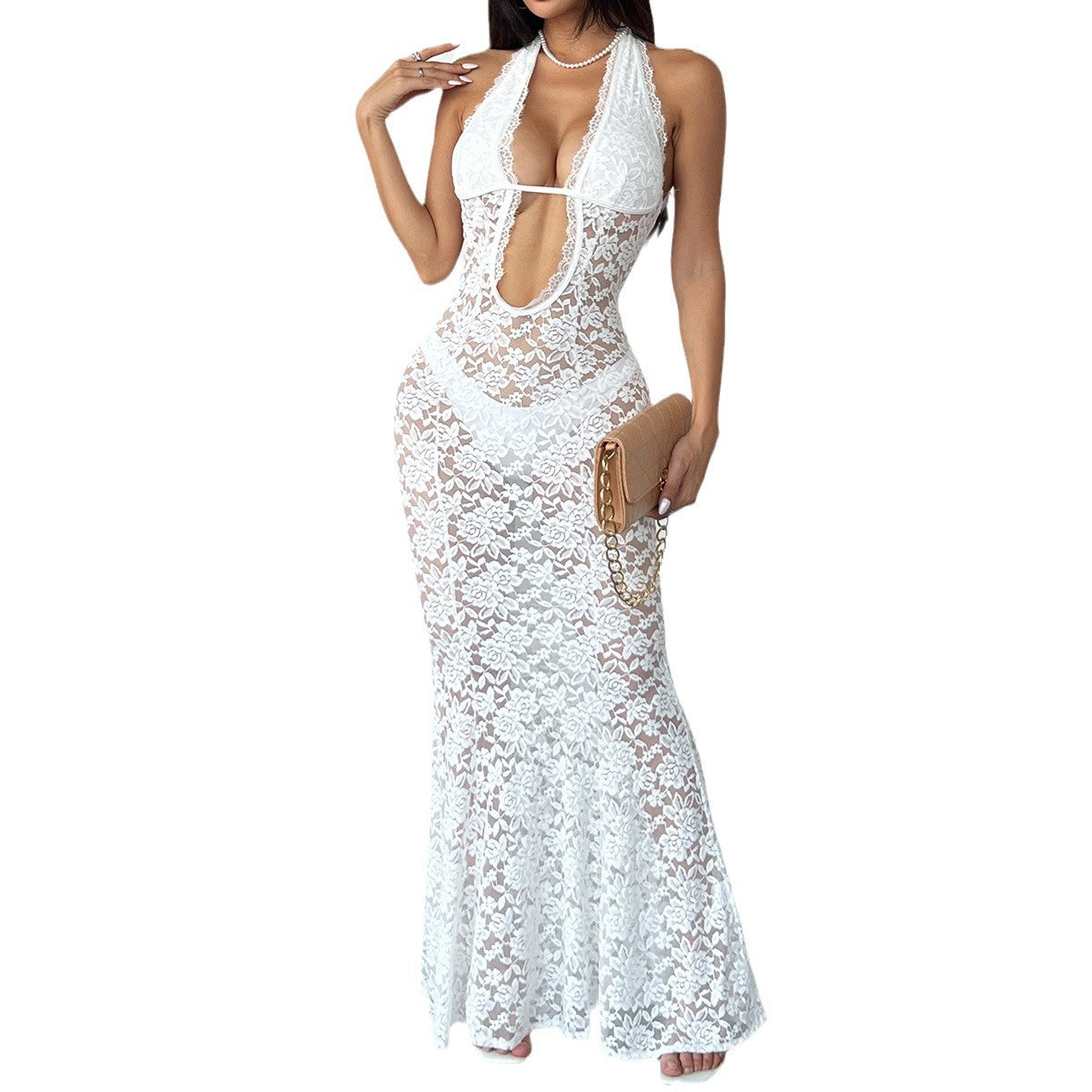 Lace Halter Neck Cut Out Mermaid Maxi Gown 5