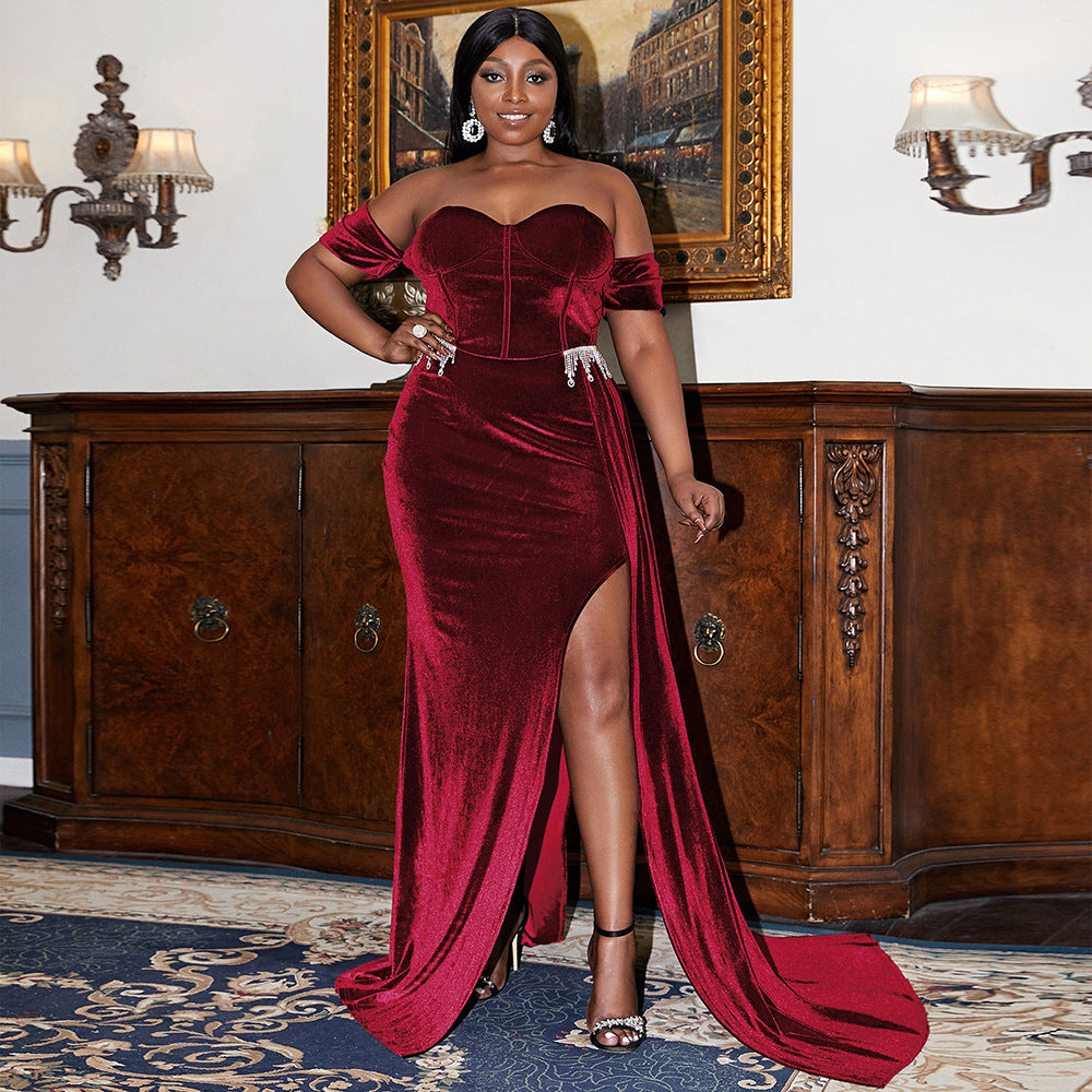 Velvet Off Shoulder Sweetheart Corset High Split Mermaid Maxi Dress