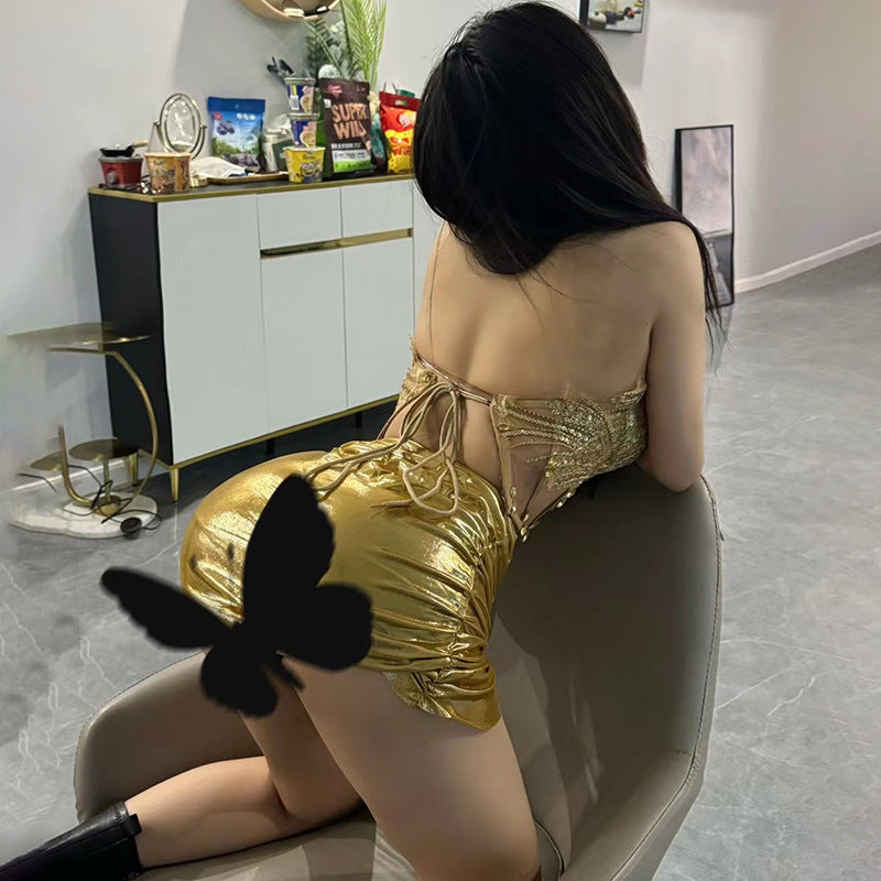 Rhinestone Fringe Strapless Ruched High Split Two Piece Set