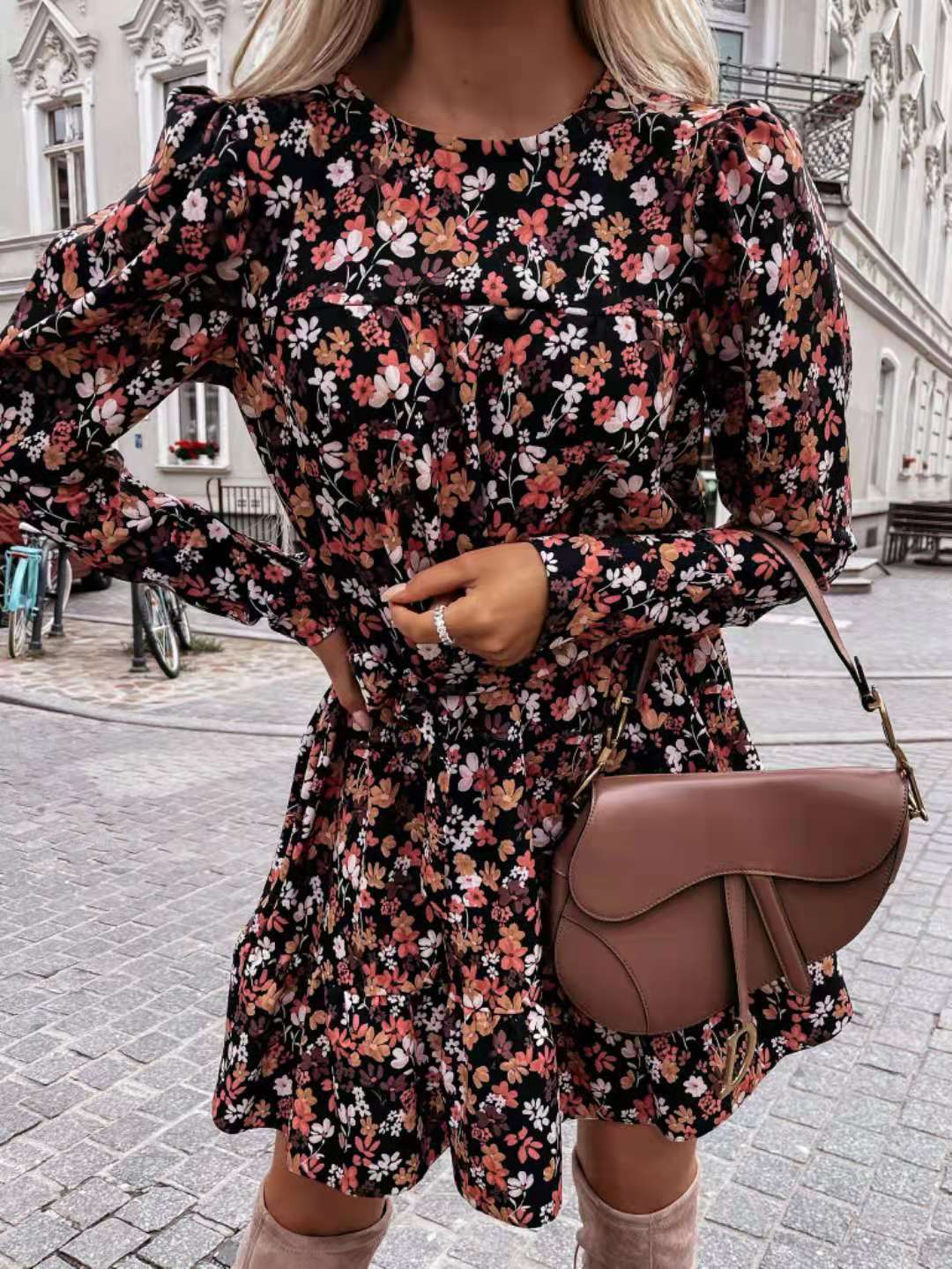 Floral Long Sleeve High Neck Tiered Ruffle Mini Dress