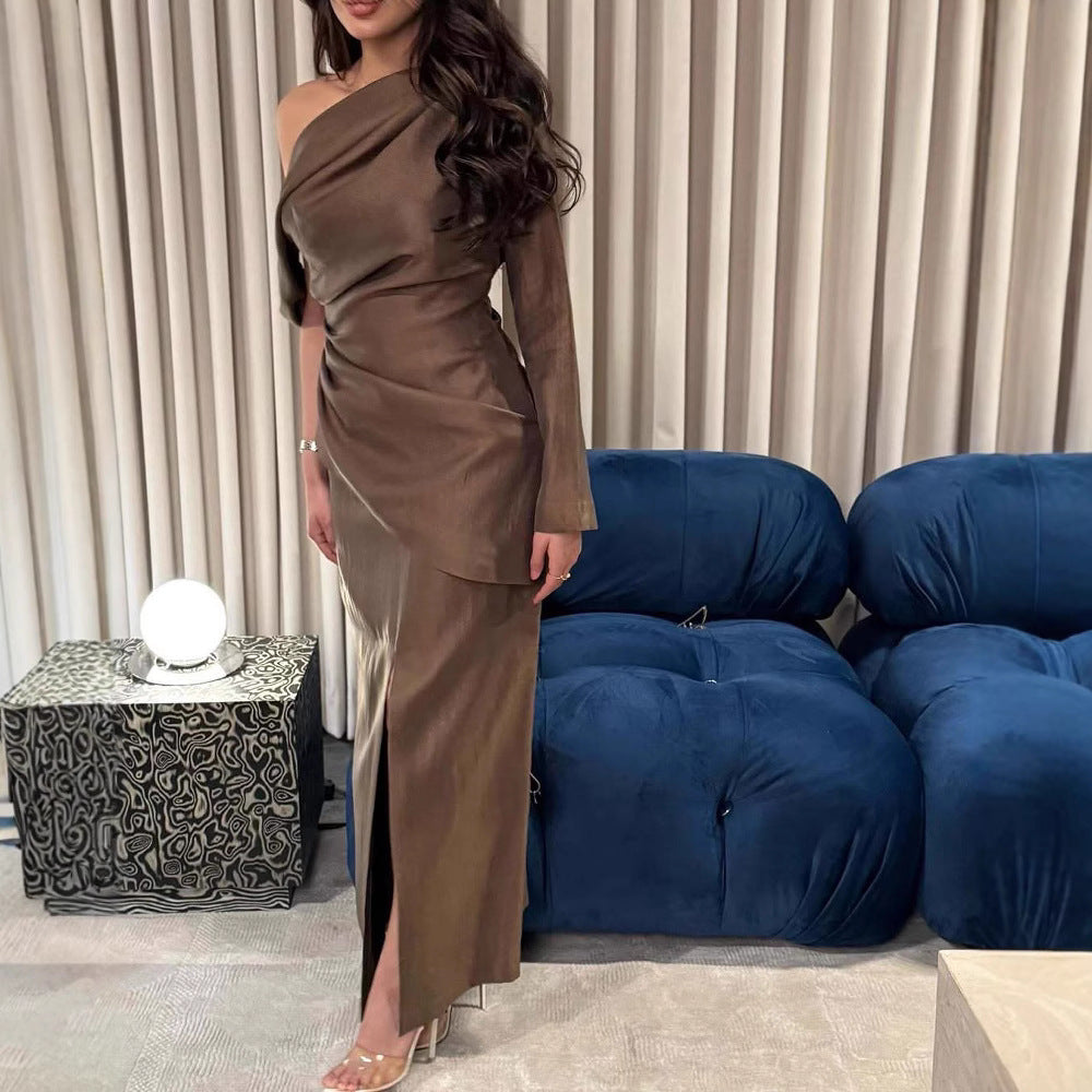Satin One Shoulder Long Sleeve Ruched High Split Maxi Dress
