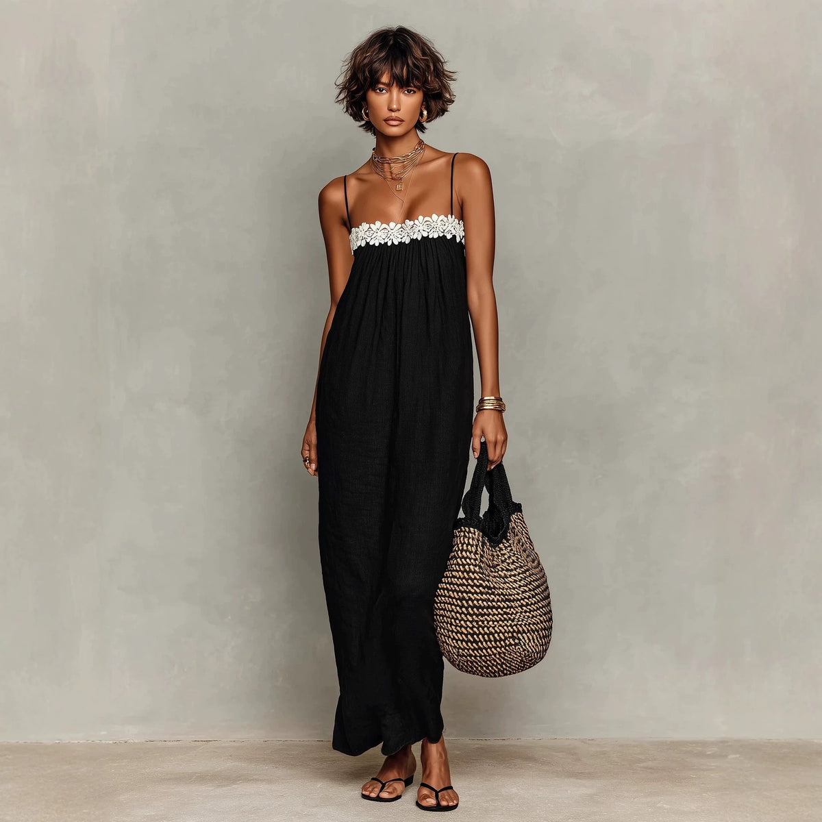 Lace Trim Spaghetti Strap Gathered Bust Straight Maxi Dress 2