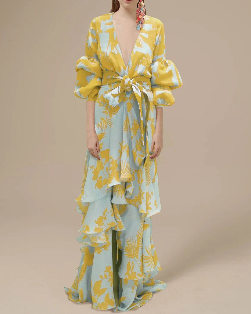 Deep V-Neck Balloon Sleeve Tie Waist Tiered Tropical Print Chiffon Maxi Dress
