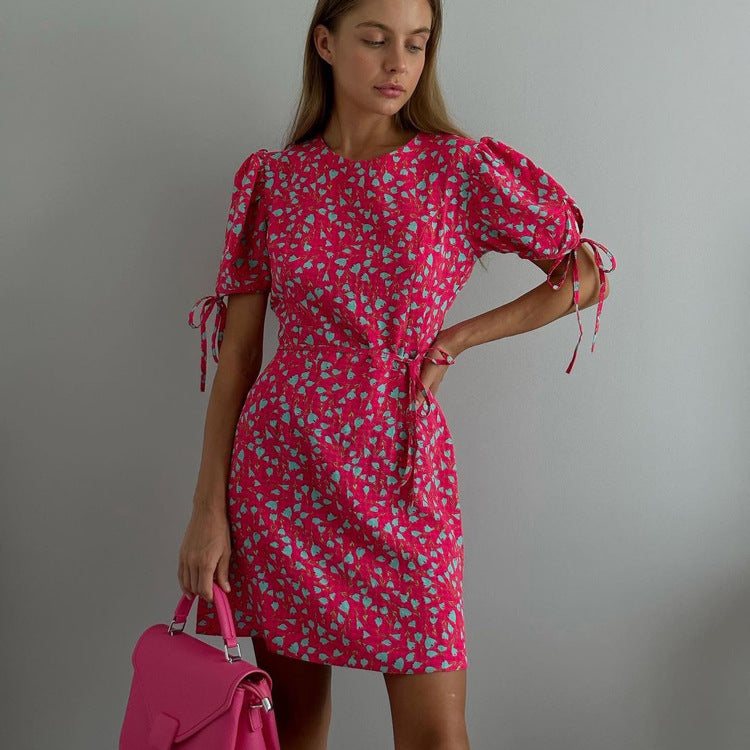 Floral Round Neck Short Sleeve Tie Cuff Lace Up Waist Mini Dress