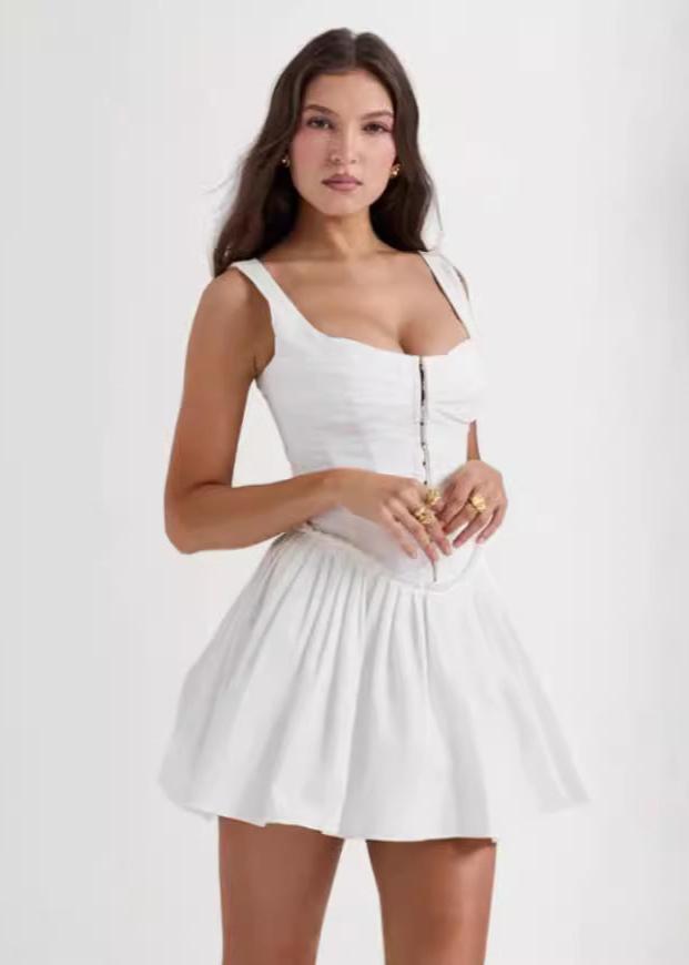 Zip Front Corset Ruched Bubble Hem Mini Dress
