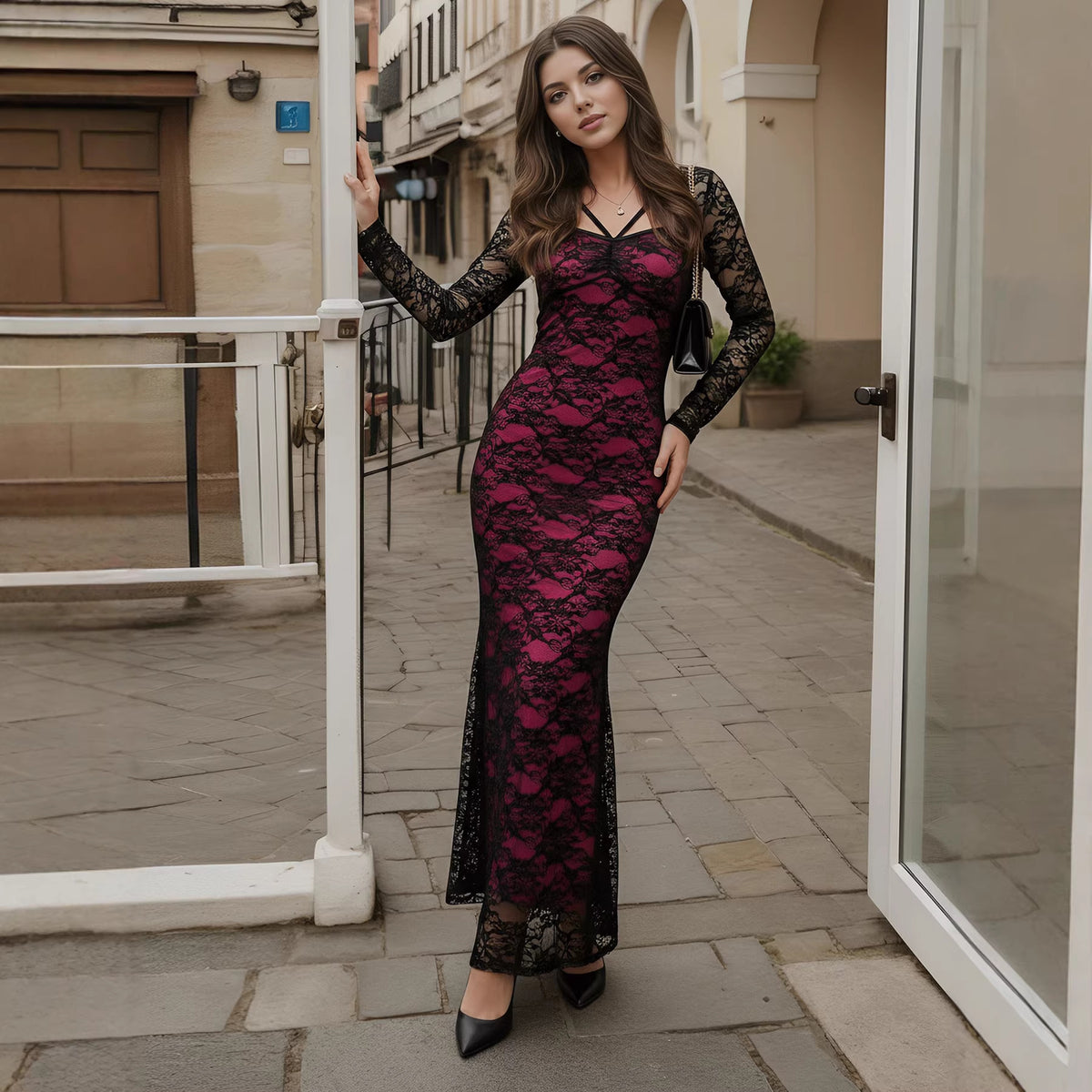Women Clothing Spring Slim Lace Stitching Hip Bag Sexy Maxi Dress