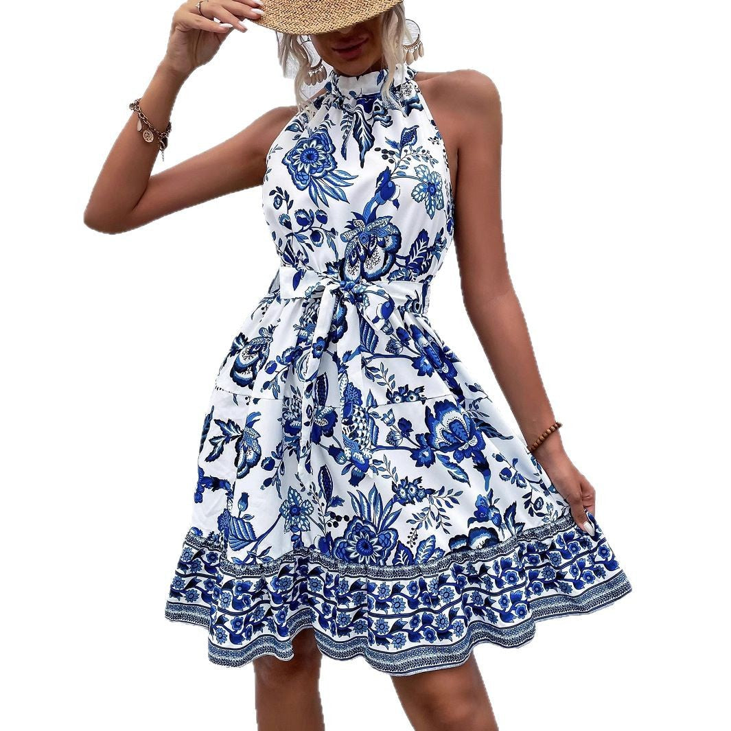 Floral Halter Neck Tiered Ruffle A-Line Summer Mini Dress