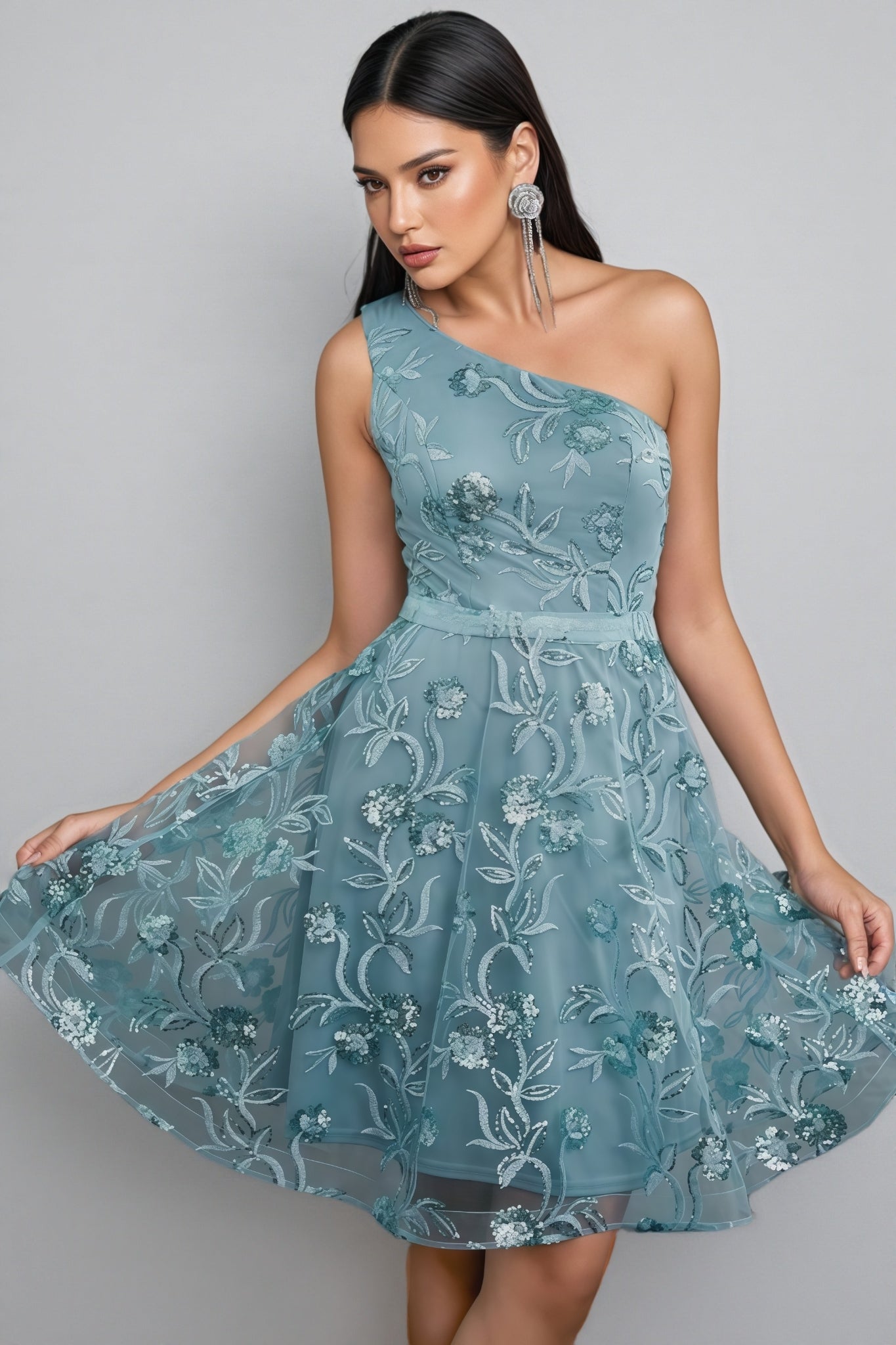 Flinl Green One-Shoulder Mesh Mini Dress - View 3