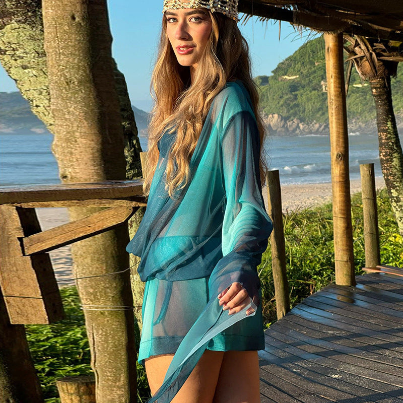 Sheer Ombre Print Draped Cowl Neck Long Sleeve Mini Dress 2