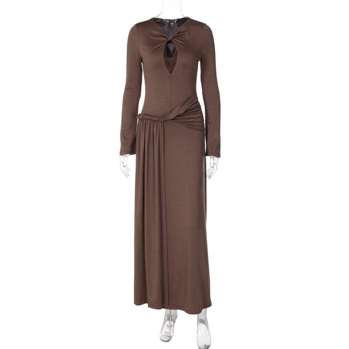 Keyhole Lace Inset Long Sleeve Twist Waist High Split Maxi Dress 3