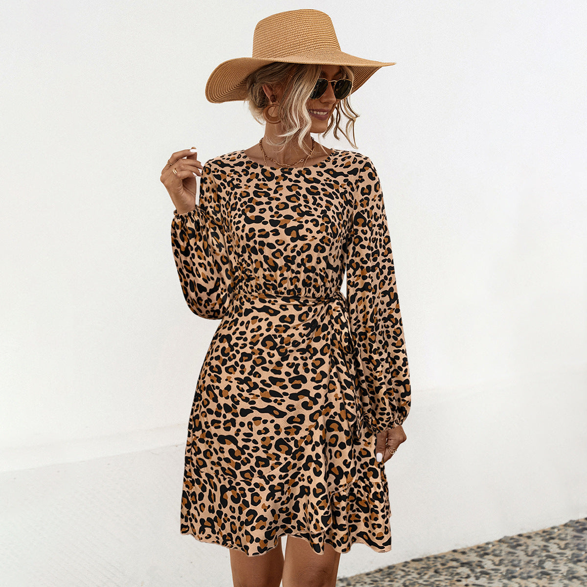 Leopard Print Round Neck Balloon Sleeve Tie Waist Ruffle Hem Mini Dress 2