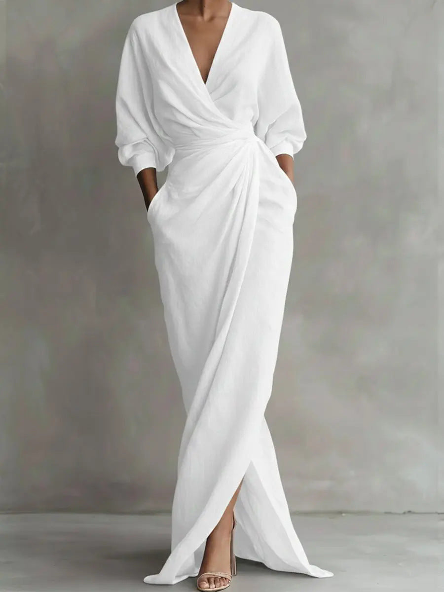 Deep V-Neck Long Sleeve Wrap Ruched High Split Maxi Dress 9