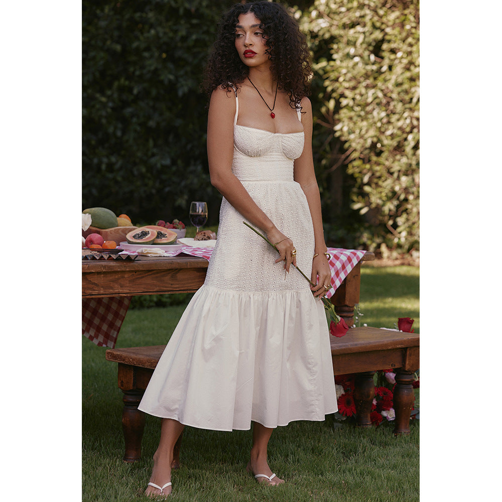 Eyelet Bustier Square Neck Wide Strap Tiered Ruffle Midi Dress