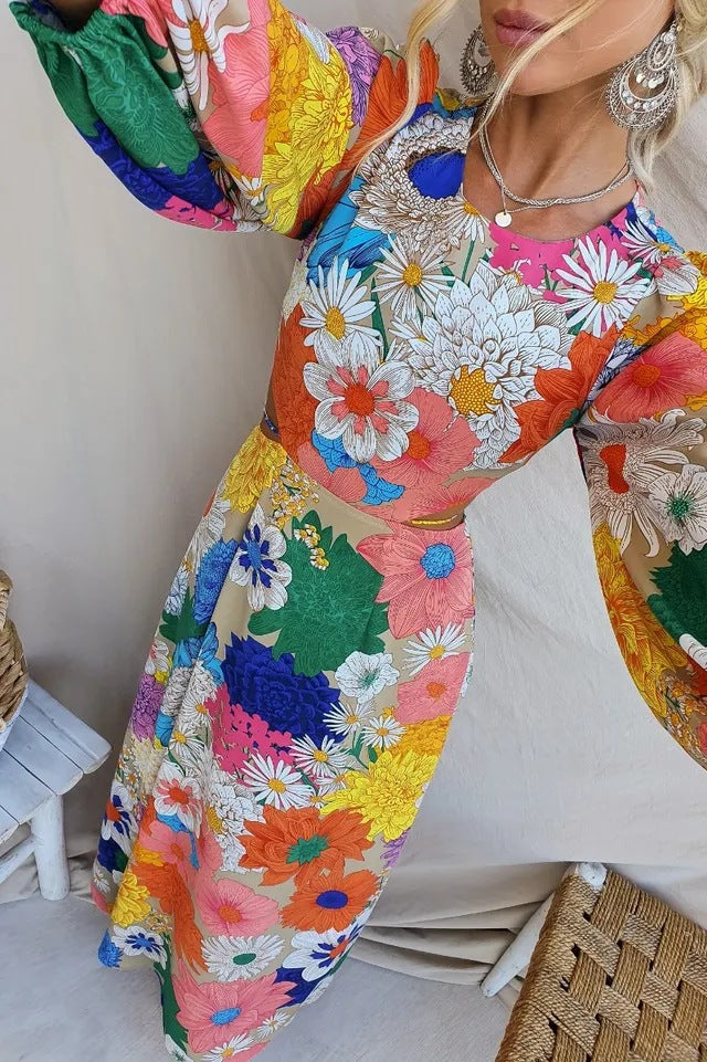 Floral Print Puff Sleeve Cut Out Waist Summer Maxi Dress