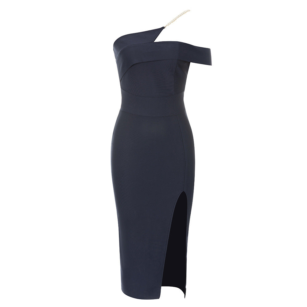 Pearl Strap Asymmetric Off Shoulder Bandage Midi Dress with High Split 4