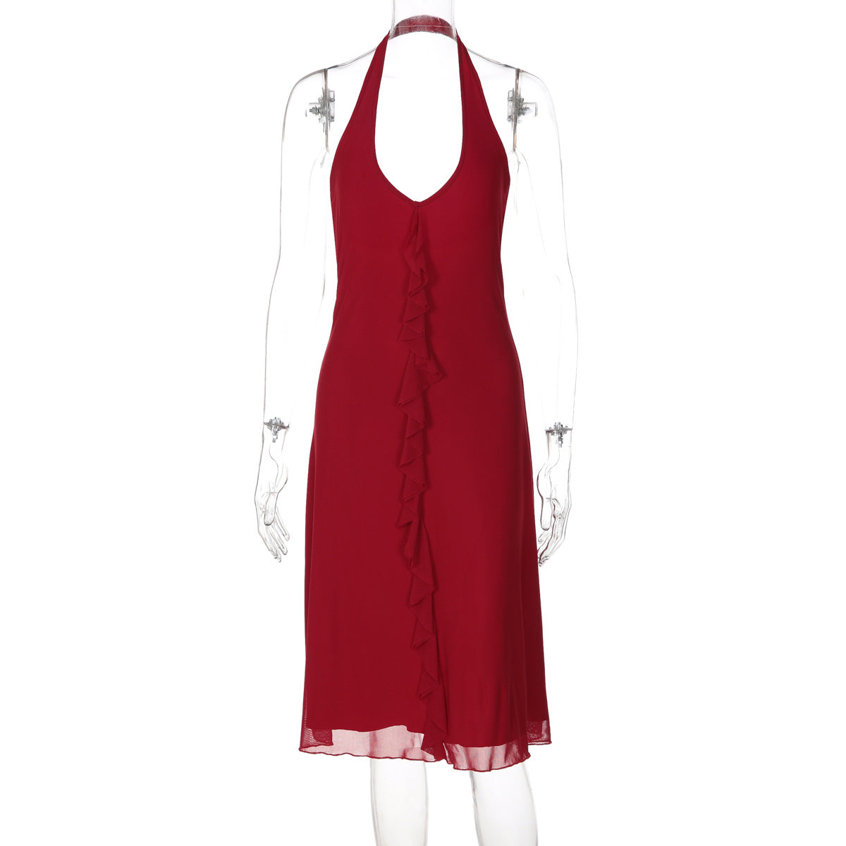 Mesh Halter Deep V-Neck Ruffle Front Backless Bodycon Midi Dress 3