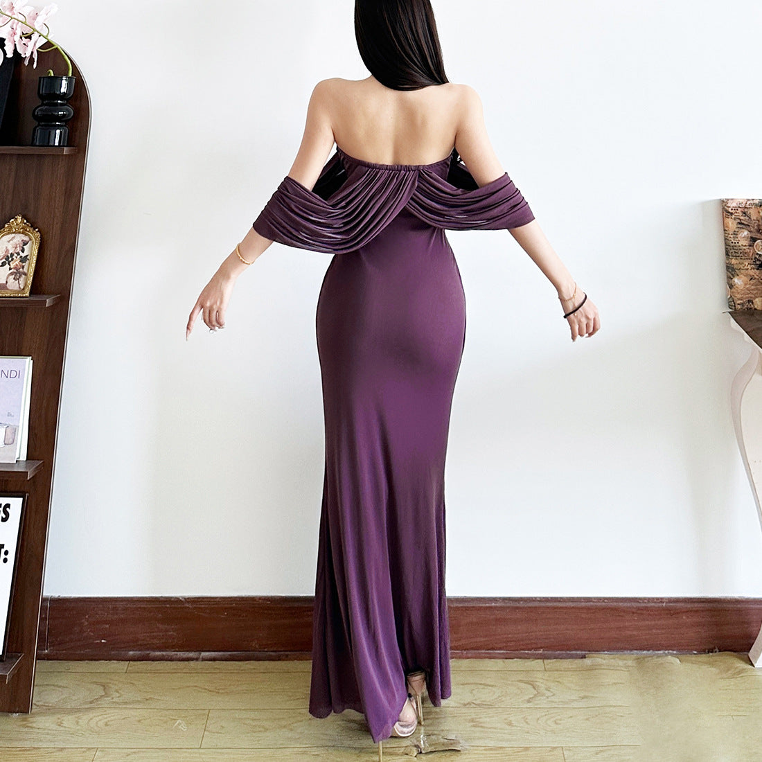 Off Shoulder Draped Lace Ruched Mermaid Maxi Dress