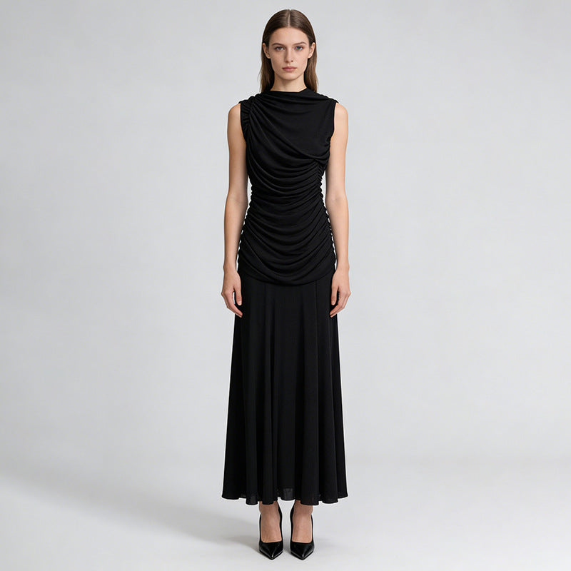 French Slim Dress Sleeveless Pile Collar Waist Pleating Slimming Long Gauzy Gown Dress