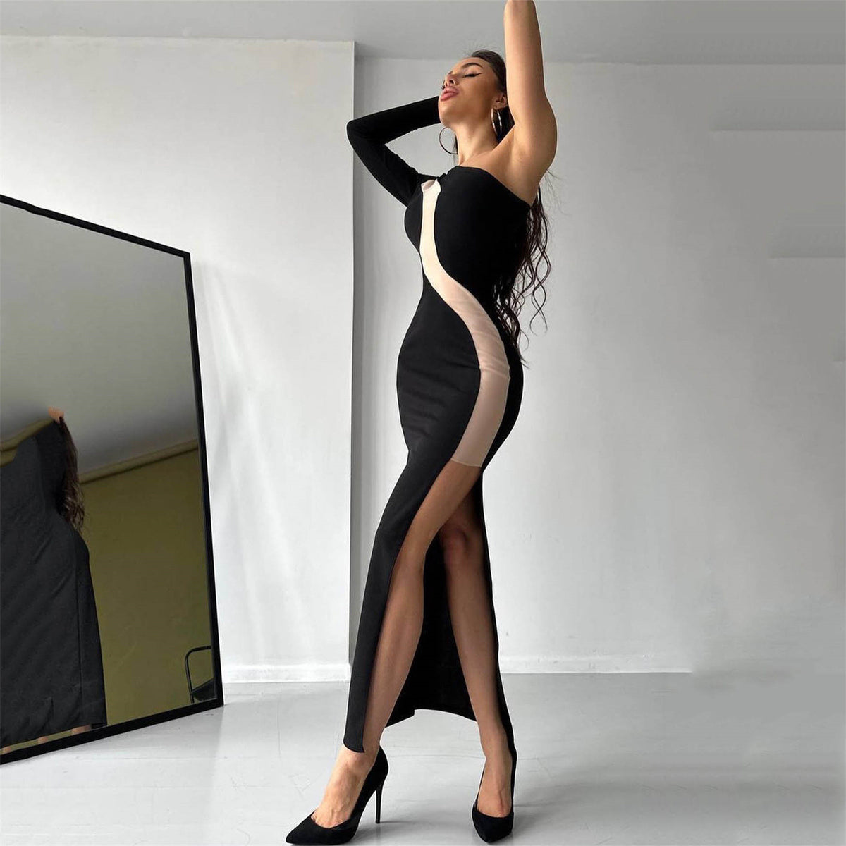 One Shoulder Single Long Sleeve Mesh Panel High Split Bodycon Midi Dress 6