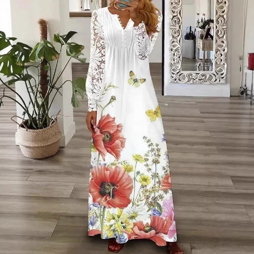 Lace Sleeve V-Neck Long Sleeve Pleated Maxi Dress 4