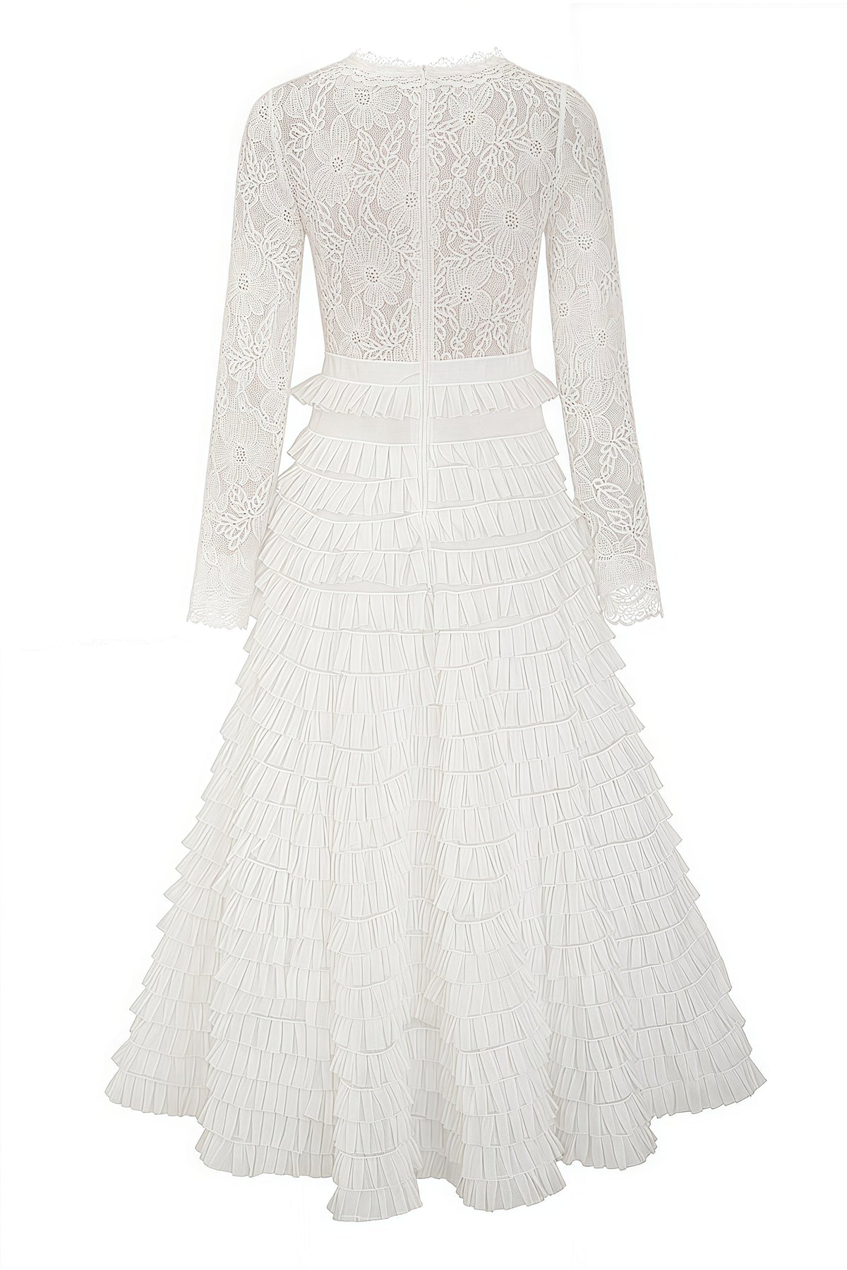 Sheer Lace Long Sleeve Tiered Ruffle Tulle A-Line Midi Dress 6