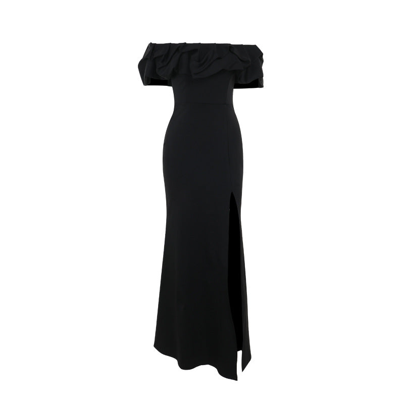 Off Shoulder Pleated High Split Formal Maxi Dress