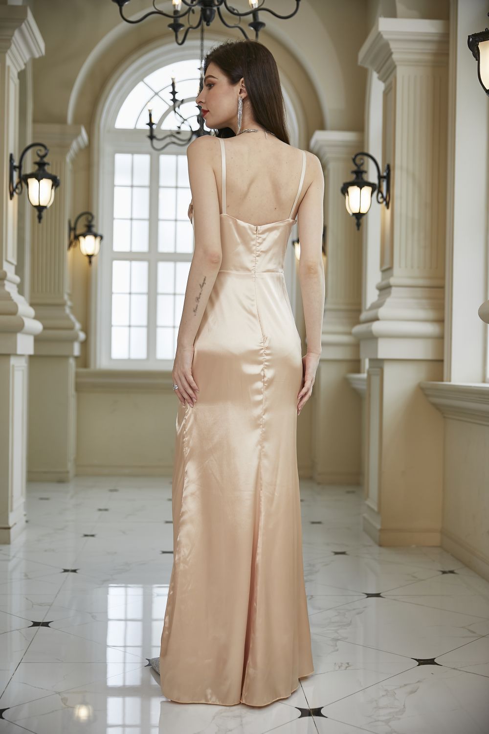 Satin Cowl Neck Spaghetti Strap High Split Maxi Bridesmaid Dress 2