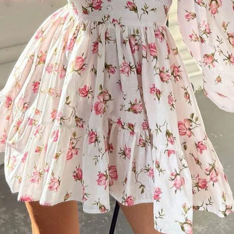 Floral Deep V-Neck Lace Trim Balloon Sleeve Tiered Mini Dress 4