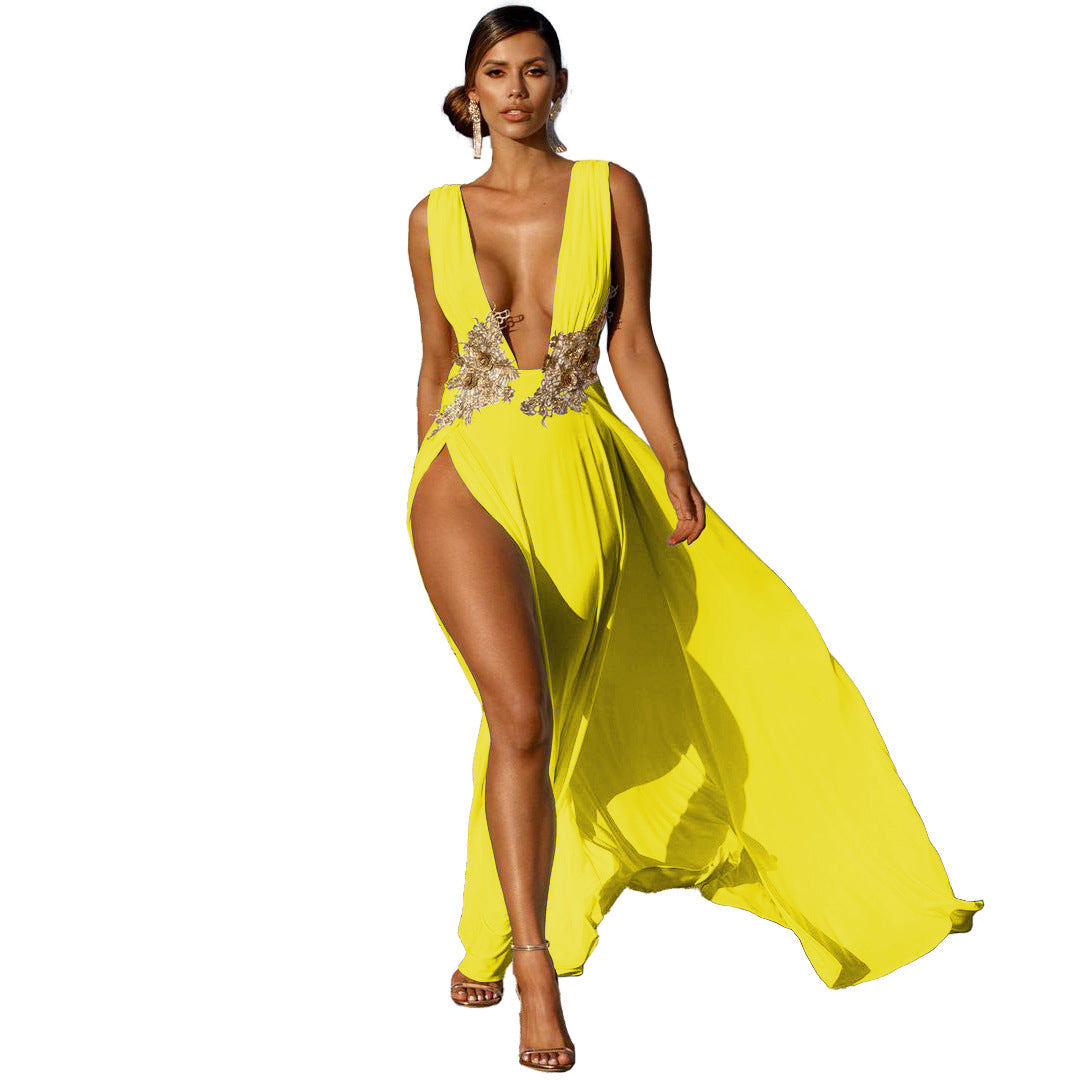 Deep V Plunge High Slit Evening Maxi Dress - View 8