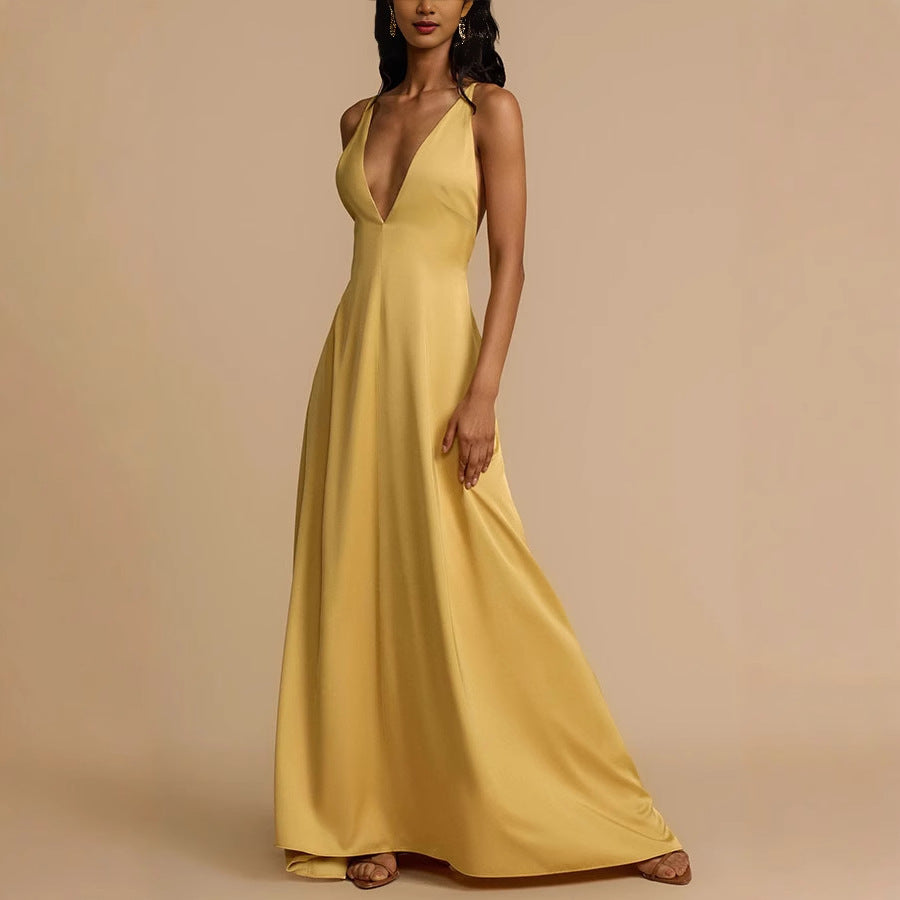 Summer Sexy Backless V neck Satin Maxi Dress Women