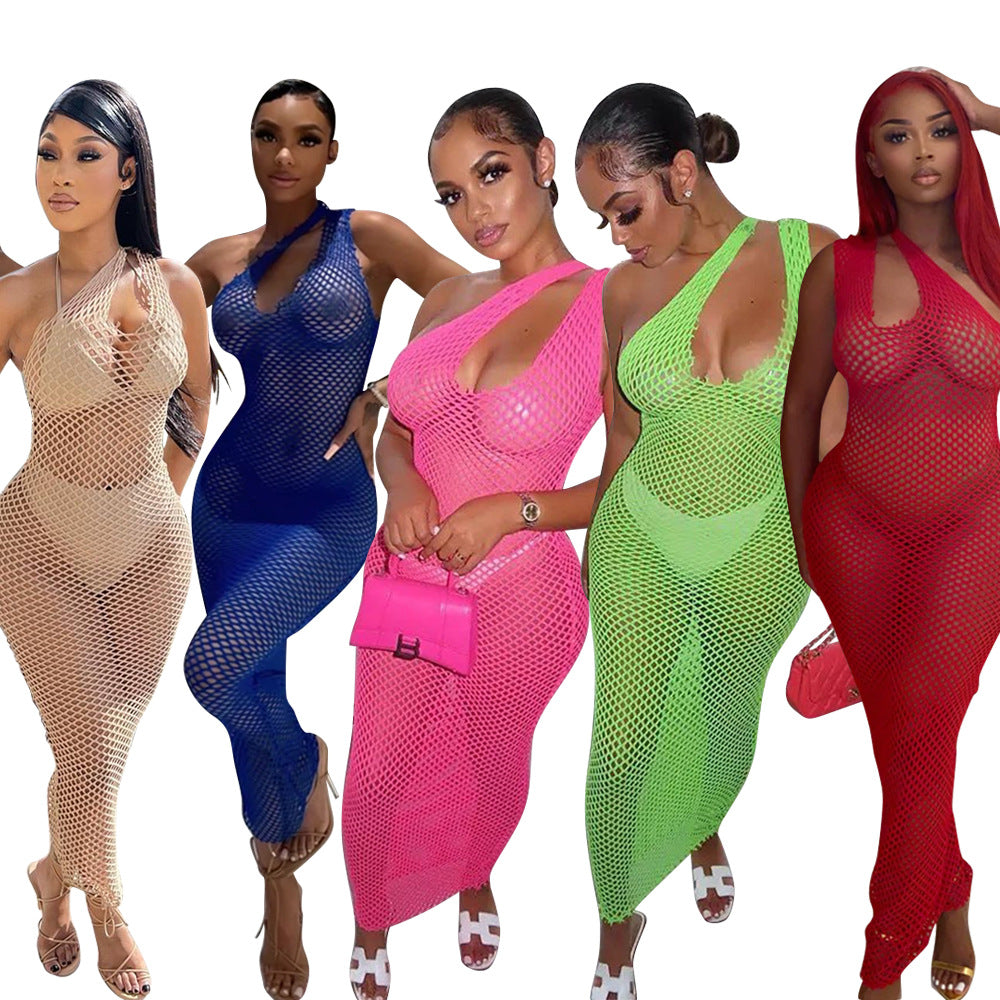 Fishnet Knit Halter Neck Sheer Bodycon Midi Dress 5