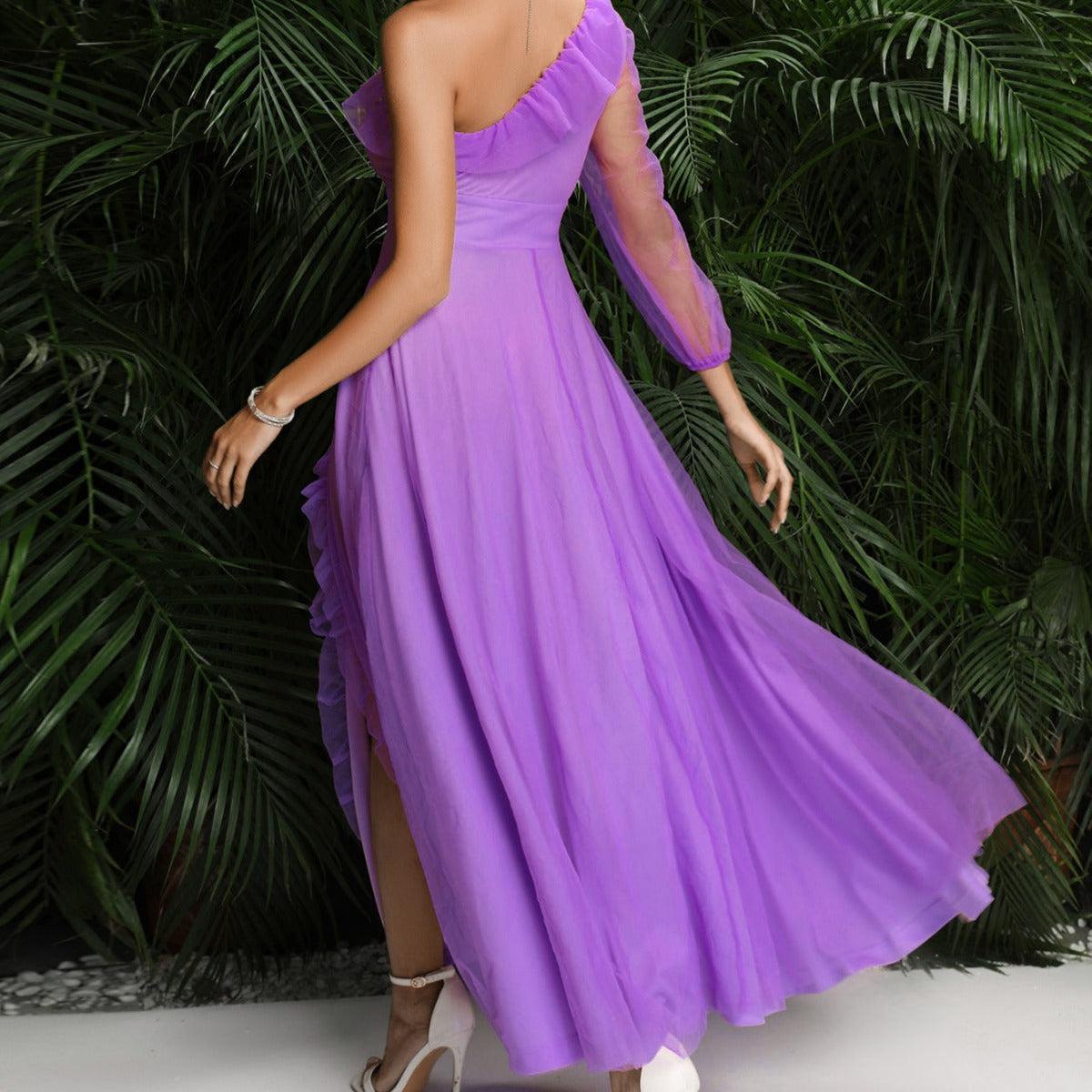 One Shoulder Ruffle Trim Sheer Sleeve Tulle Maxi Evening Dress 4
