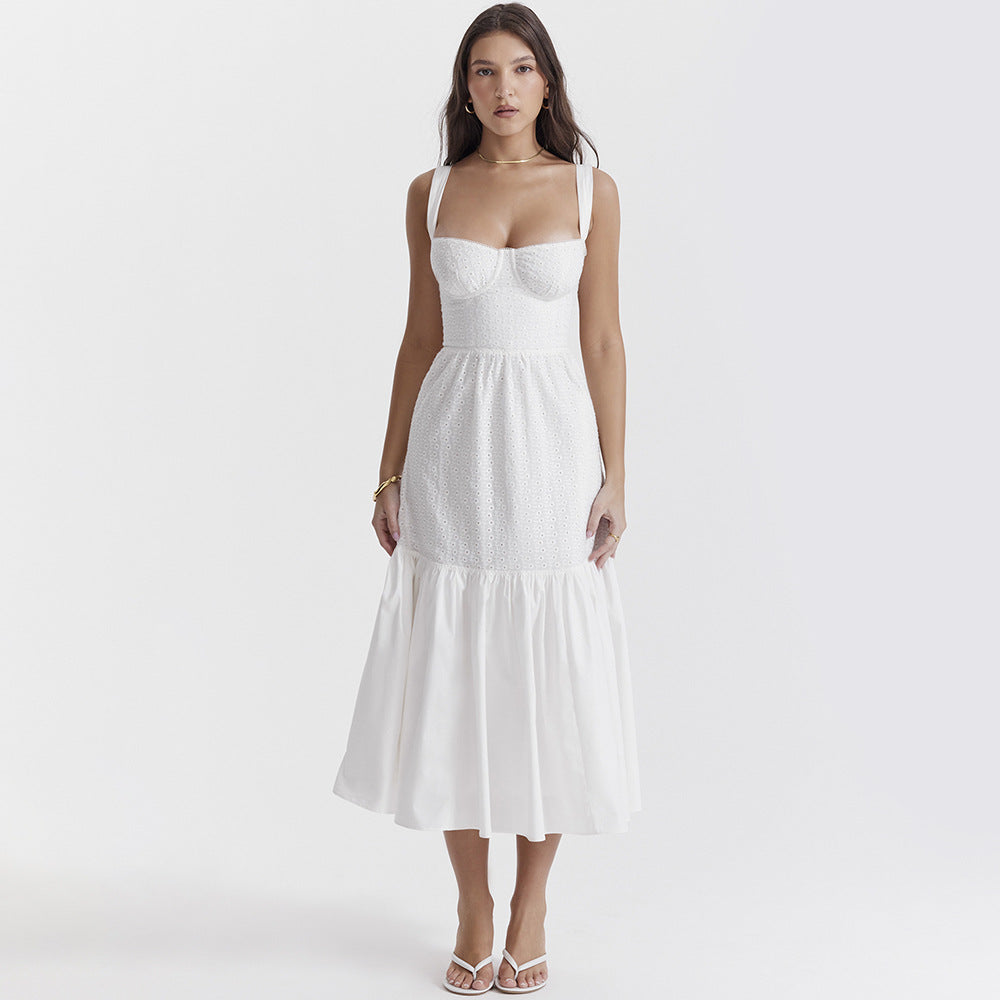 Eyelet Bustier Square Neck Wide Strap Tiered Ruffle Midi Dress