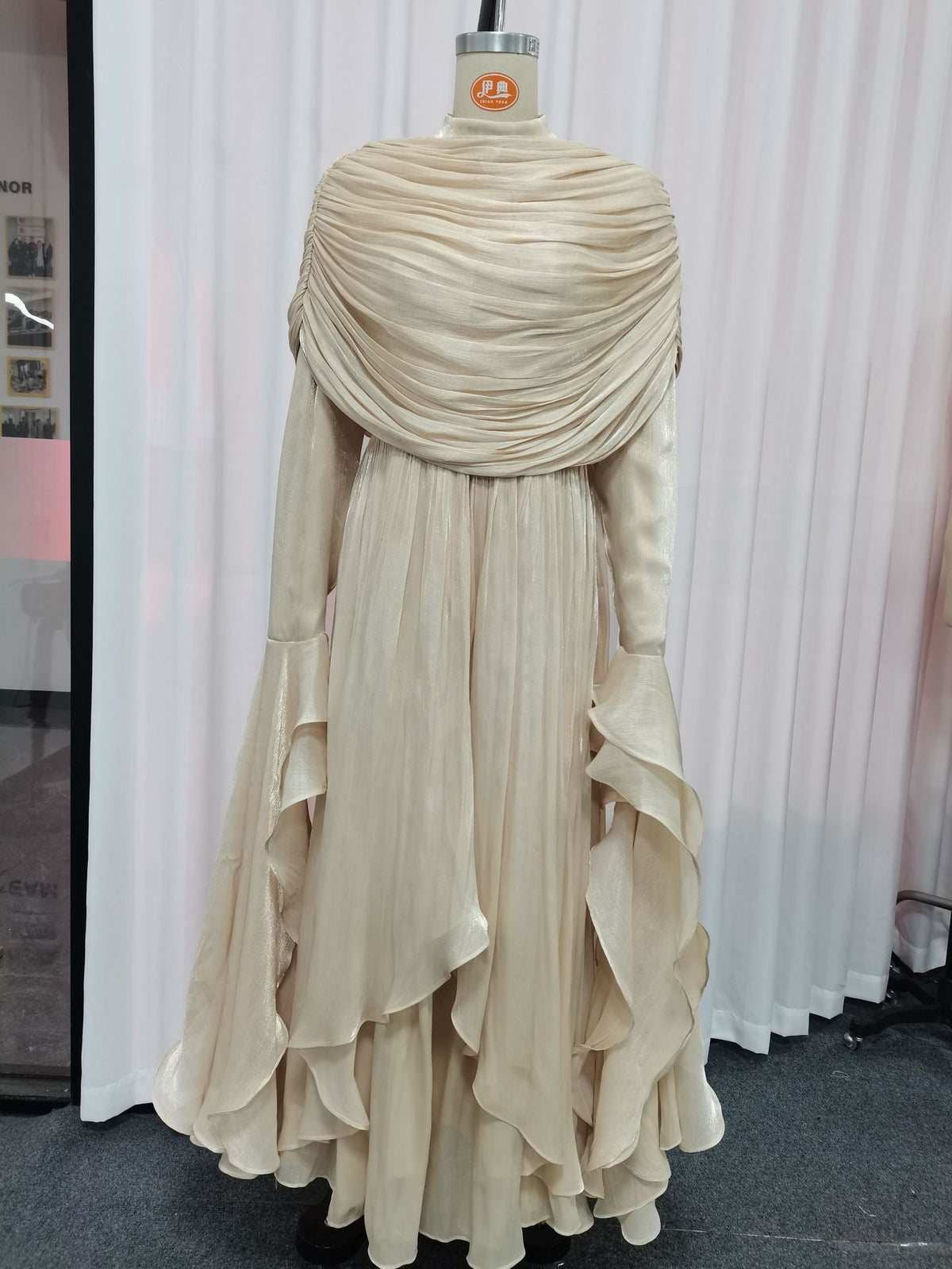 Pleated Mock Neck Draped Shawl Long Sleeve Ruffle Hem Midi Dress 3