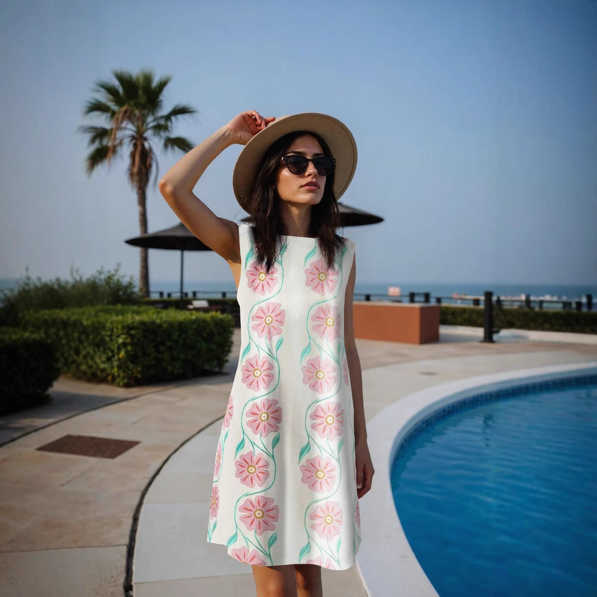 Straight Sleeveless round Neck Floral Plant Midi Dress Women Top
