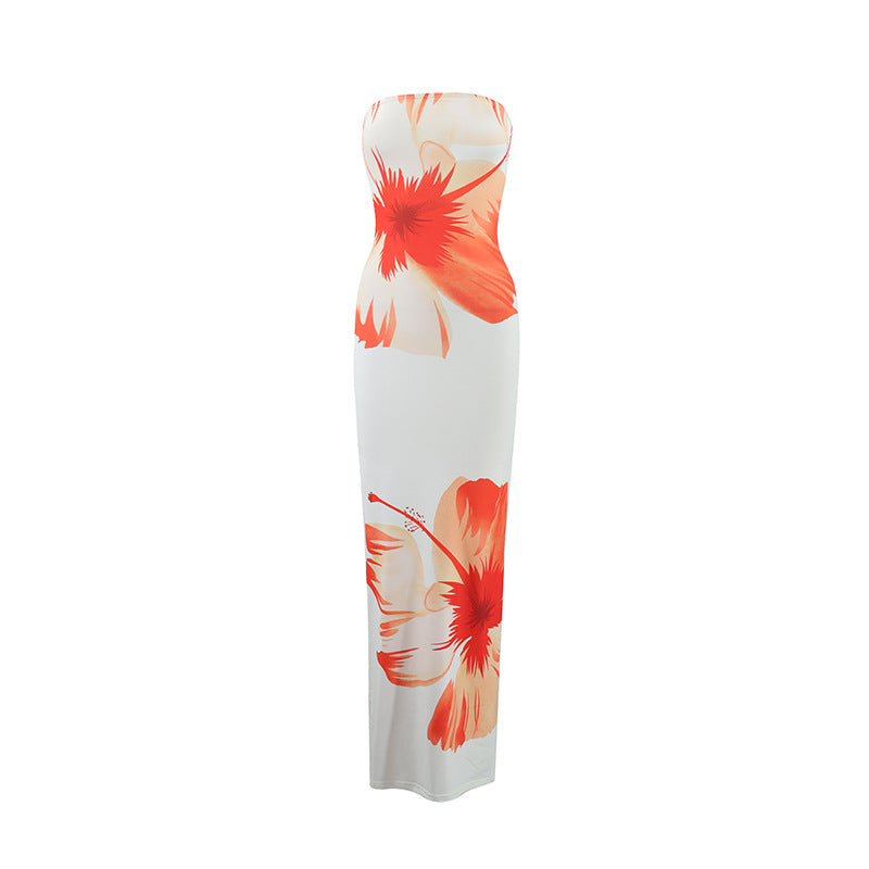Hibiscus Print Strapless Tube Bodycon Maxi Dress 4