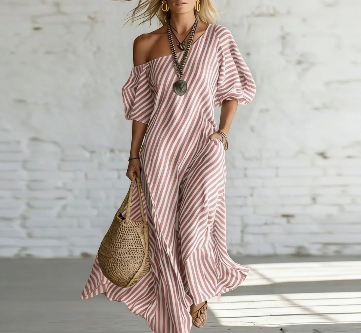 Striped One Shoulder Half Sleeve Loose Maxi Dress