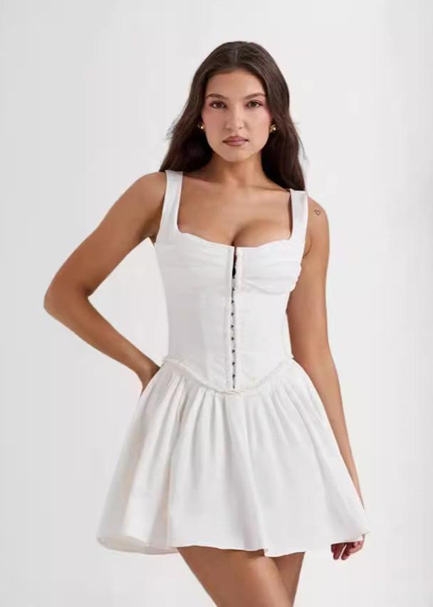 Zip Front Corset Ruched Bubble Hem Mini Dress