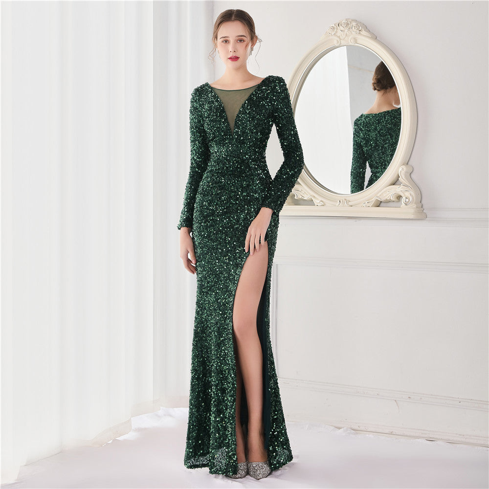 Sequin Long Sleeve V-Neck Ruched High Split Mermaid Gown