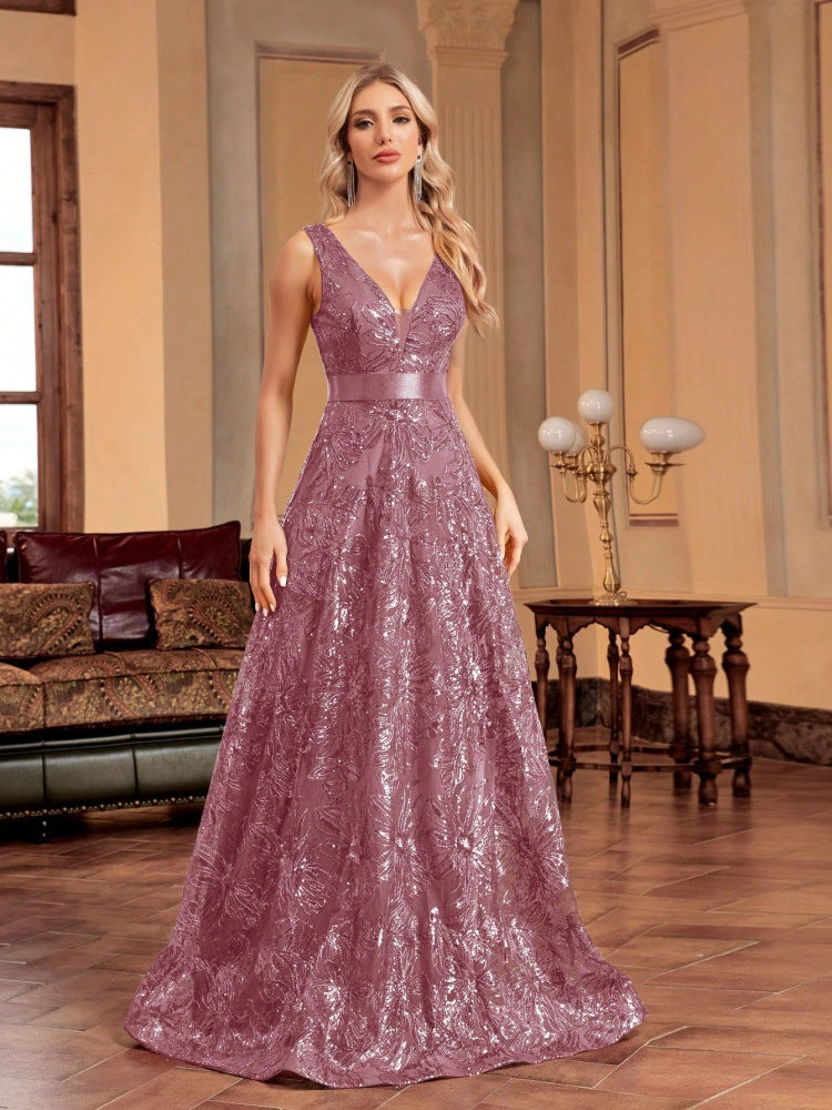 Sequin Deep V-Neck Sleeveless A-Line Maxi Prom Gown