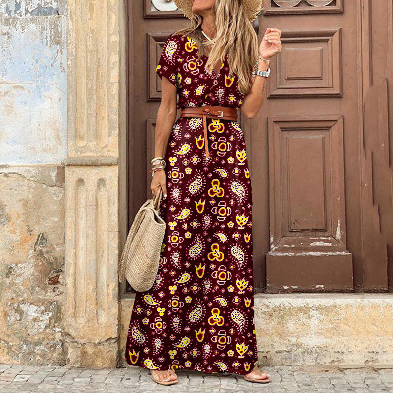 V-Neck Short Sleeve Belted High Split Tiered Boho Maxi Dress