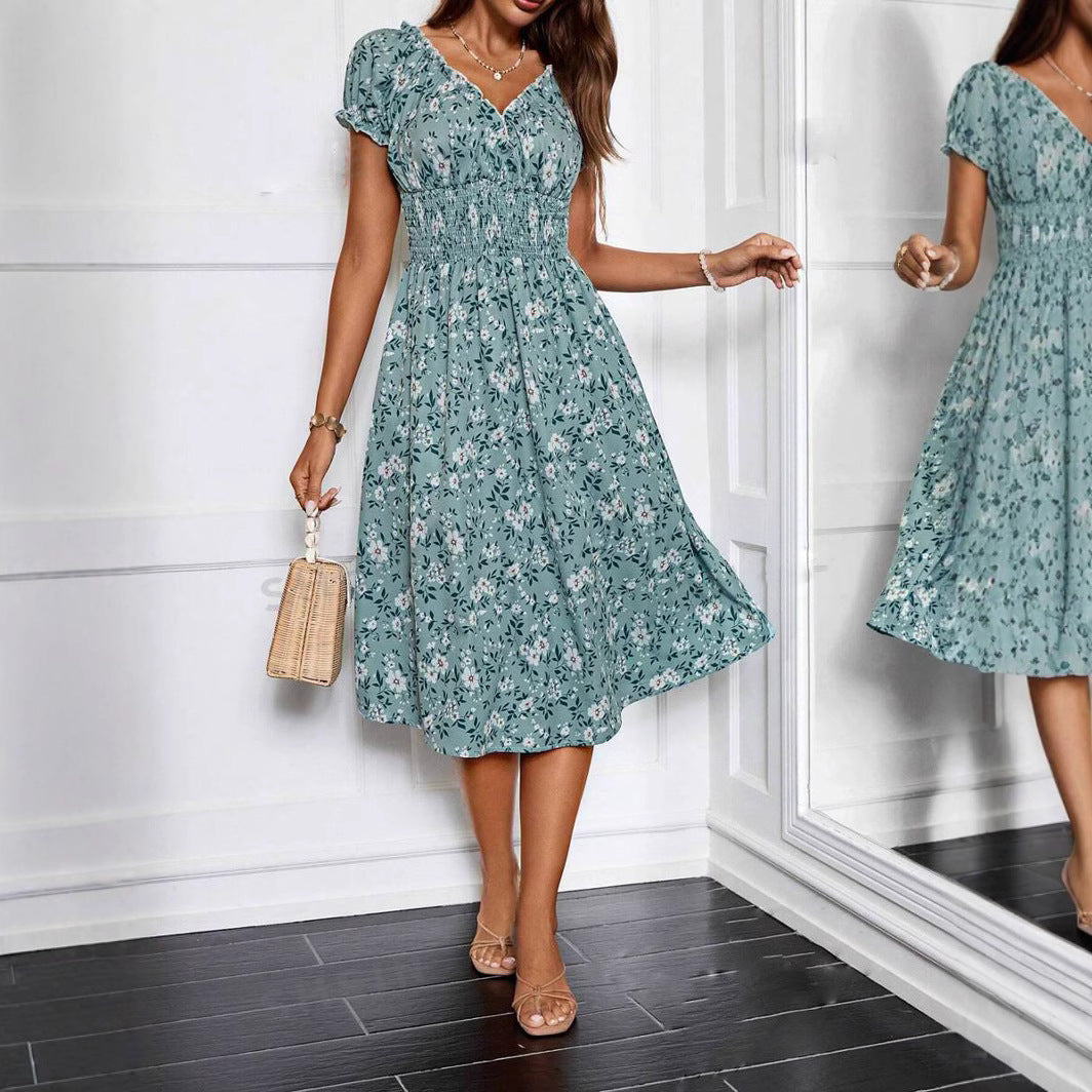 Floral V-Neck Short Sleeve Smocked Waist Fit and Flare Midi Dress