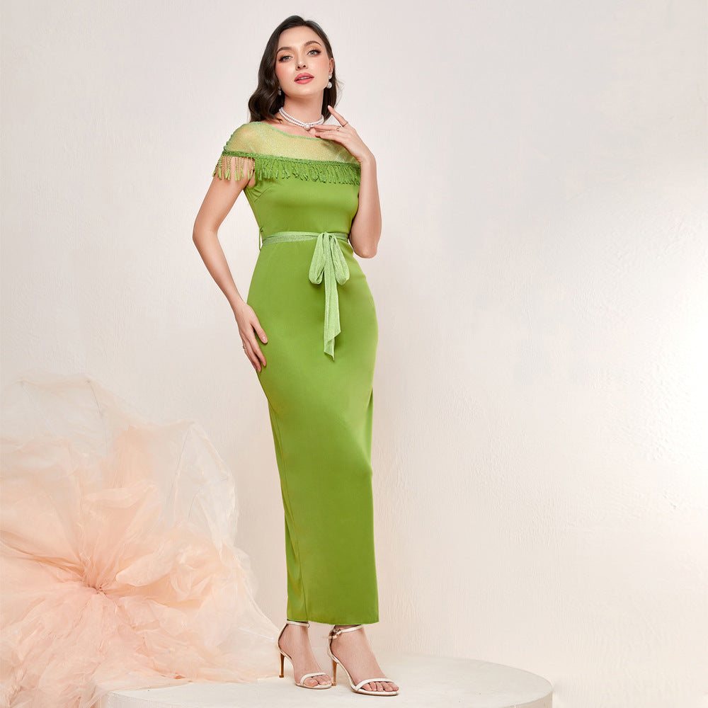 Mesh Yoke Fringe Trim Sash Tie Waist Column Maxi Gown