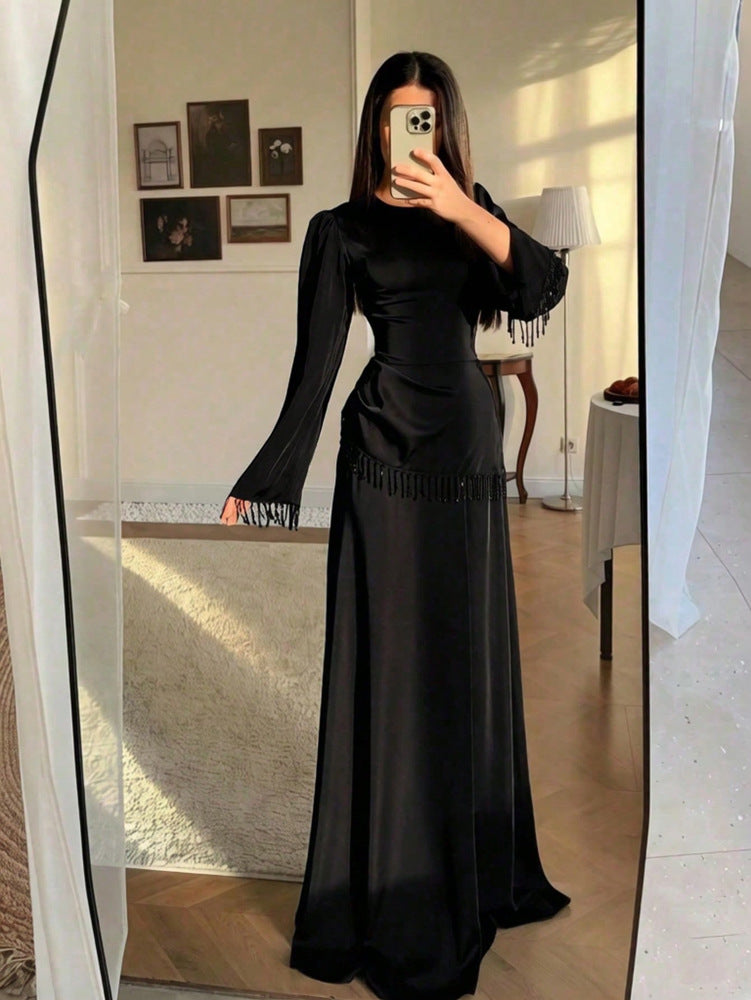 Satin Crew Neck Long Sleeve Beaded Fringe Trim Maxi Dress 2