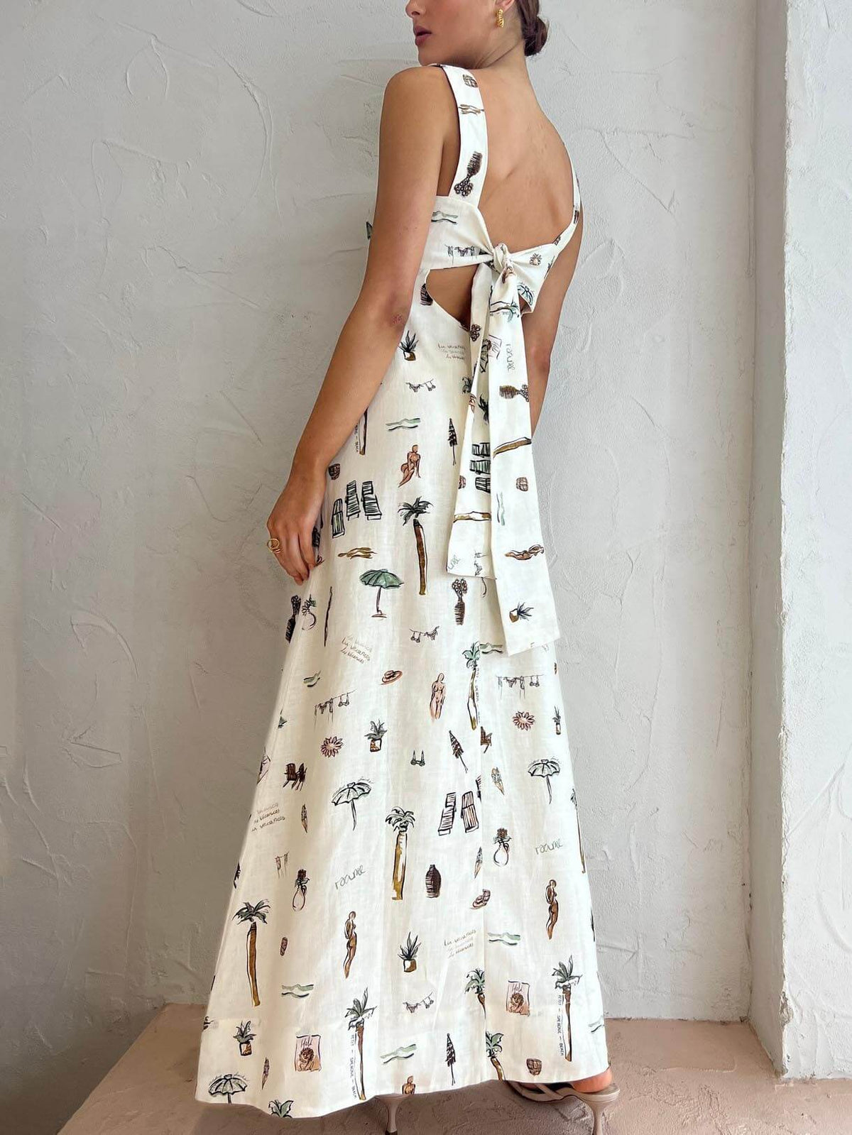 Palm Tree Resort Print Square Neck Wide Strap Pocket A-Line Maxi Dress 2