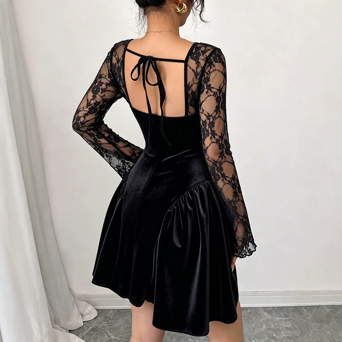 Women Square Collar Velvet Dress Lace Bell Bottom Long Sleeve Back Lace up Waist Controlled Slimming A line Dress