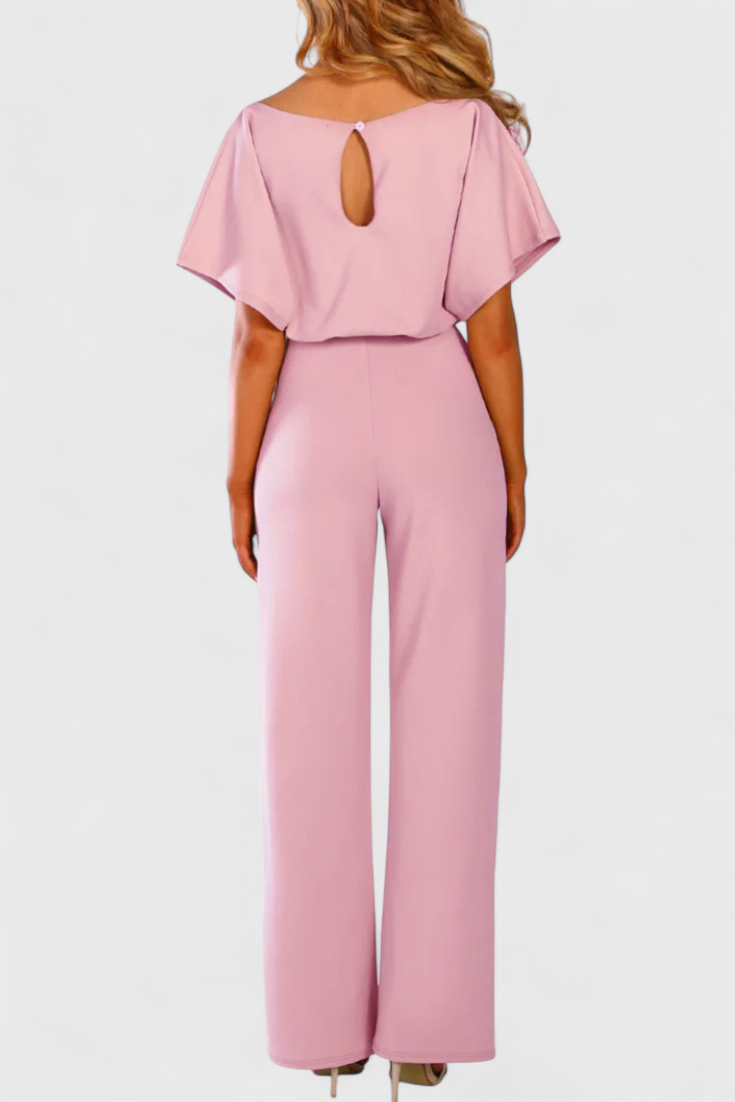 Boat Neck Batwing Sleeve Belted Wide Leg Jumpsuit