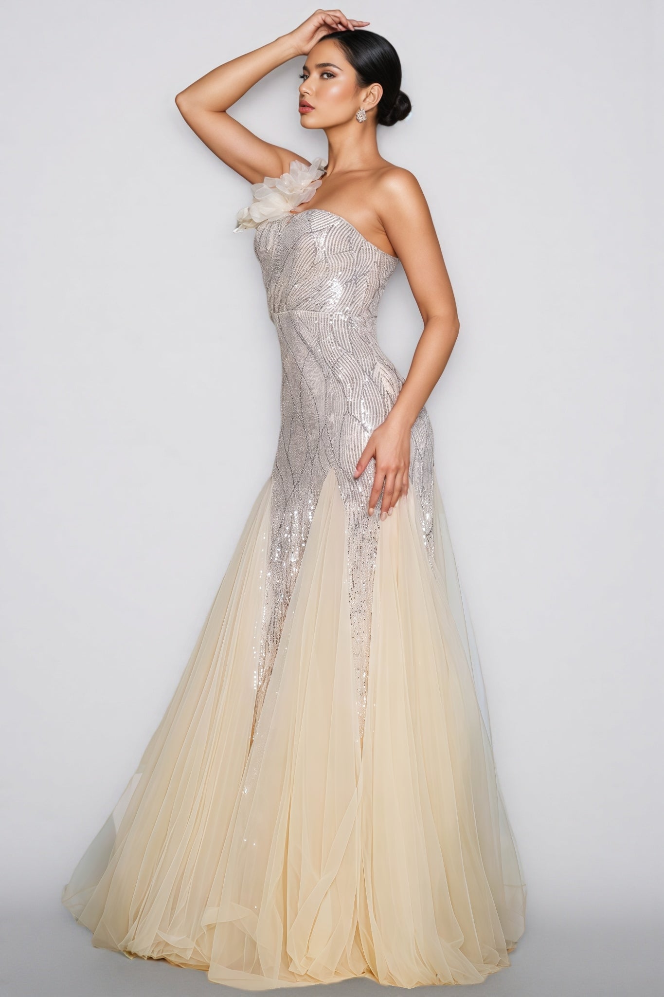 Sequin One Shoulder Floral Applique Tulle Godet Mermaid Maxi Gown