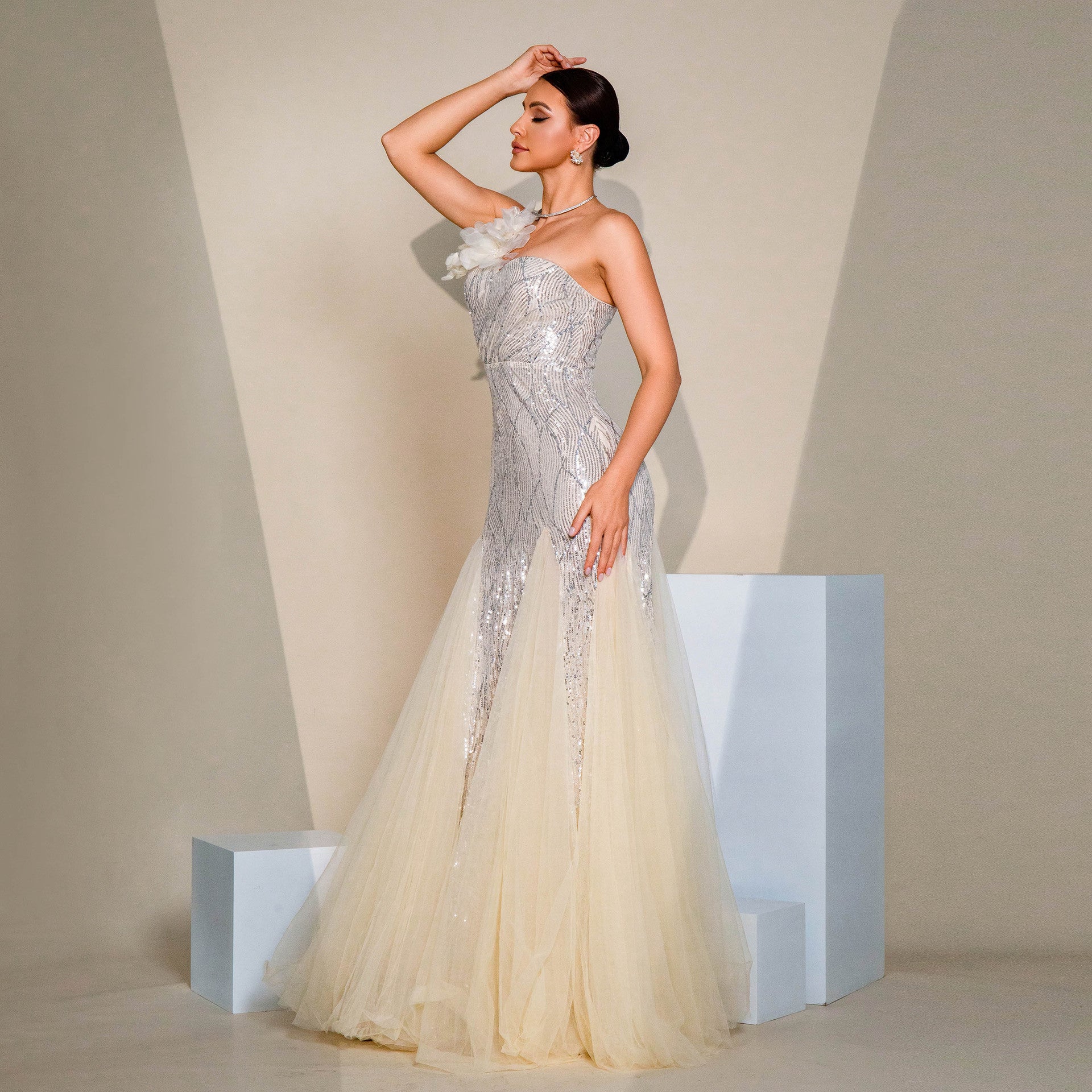 Sequin One Shoulder Floral Applique Tulle Maxi Gown