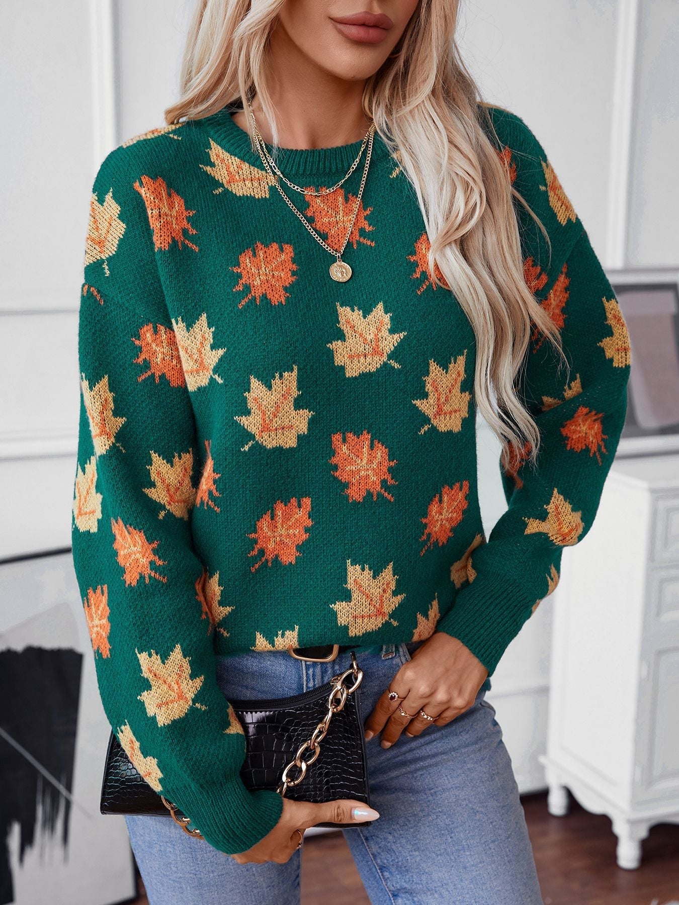 Maple Leaf Jacquard Casual Pullover Sweater